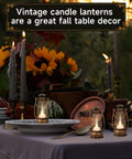 12 Pack Mini Lanterns With Flickering LED Candles on a decorated fall table with flowers