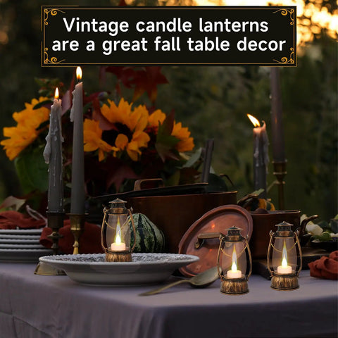 12 Pack Mini Lanterns With Flickering LED Candles on a decorated fall table with flowers