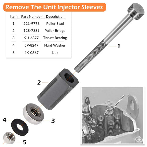 Injector Sleeve Remover And Installer Kit With Height Tool And Engine Barring Socket For CAT Caterpillar 3406E C15 C16 Engines, exploded view of parts