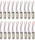 24 silver 6x14mm coreless vibration motors with red and blue wires, arranged in rows, for DIY projects, RC toys, and gadgets.