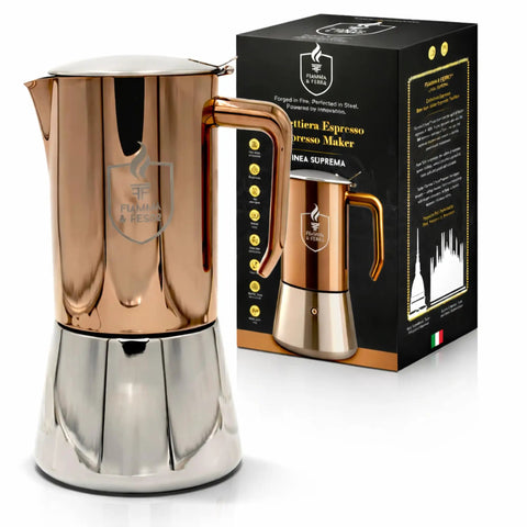 Premium Italian Espresso Maker 12 Cup Moka Pot In Stainless Steel With Copper PVD Finish Induction Compatible No Aluminum