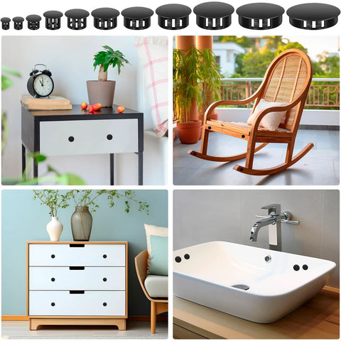 200 Piece Plastic Hole Plug Set With 9 Sizes for cabinets and furniture, showing plugs on furniture and a sink, ideal for seamless finishes.