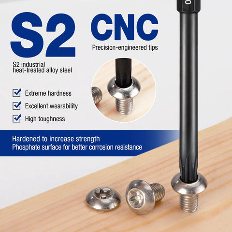 Security Torx Bit Set With CNC Machined S2 Steel Star Bits, showing bit insertion in screw on wood surface