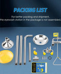Packing list components for Heavy Duty Combo Safety Shower And Eyewash Station, including stainless parts and assembly tools.