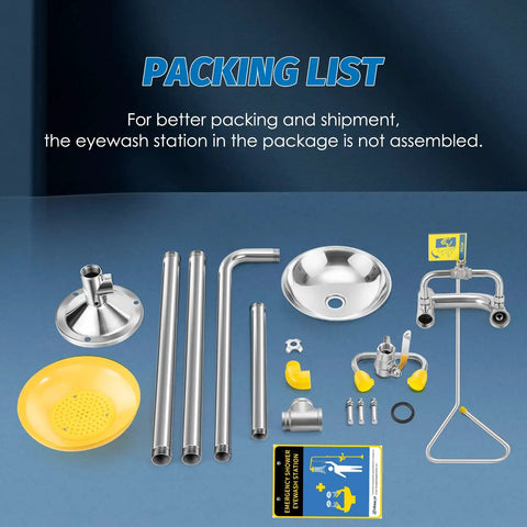 Packing list components for Heavy Duty Combo Safety Shower And Eyewash Station, including stainless parts and assembly tools.