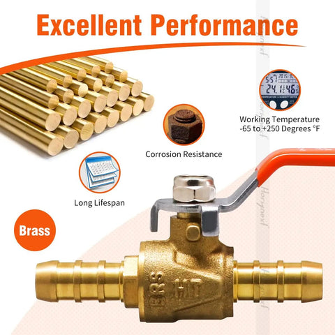 Beefy 3/8 Inch Brass Shut Off Ball Valve With Hose Barb Fittings For Water And Fuel Lines RV Gas Air Tubing Straight Inlet Petcock
