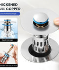 Solid Brass Universal Bathroom Sink Stopper With Pop Up Drain Strainer And Removable Filter Basket Hair Catcher, featuring a dual protection design.