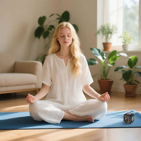 Meditating with Gravity Flip Pomodoro Timer Cube For Focus Boost With Four Presets Five Ten Twenty Five And Fifty Minutes