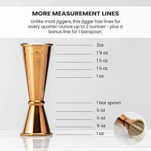 Japanese Style Jigger With Ten Measurement Markings Stainless Steel Bar Tool For Precise Mess Free Pours Sleek Modern Design For Home Mixology And Pro Level Bartending, gold finish with 1 oz to 2 oz lines
