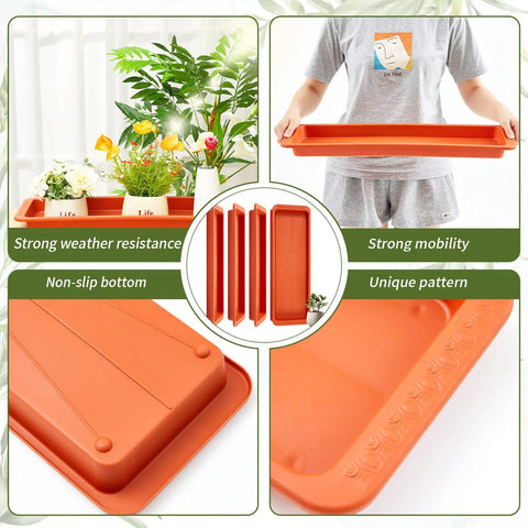 Terracotta 4 Pack Rectangle Plant Saucers 24 X 8 X 1.6 Inch Large Plastic Drip Trays For Windowsill Pots And Planters, Perfect Drainage For Germination, Indoor Outdoor Use, Keeps Surfaces Clean And Pots Stable