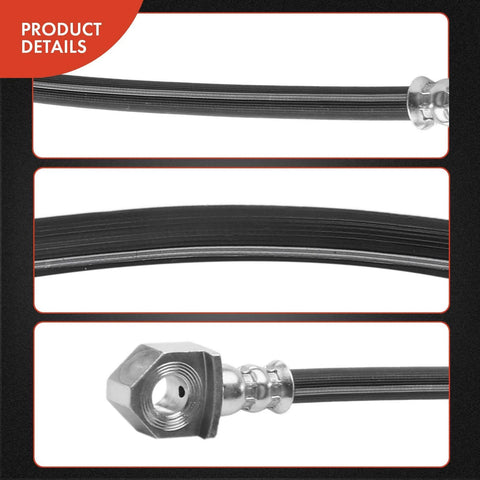 A-Premium front brake hydraulic hose, black braided rubber with metal end fitting; pack of 2.
A-Premium front brake hose side view, black braided rubber with metal fittings; pack of 2.
Close-up of A-Premium brake hose end with hex nut fitting and ferrule; pack of 2.