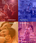 LED Candelabra Light Bulbs Set Of 6 enhancing various scenes: celebration table, gaming, sleeping child, birthday party.