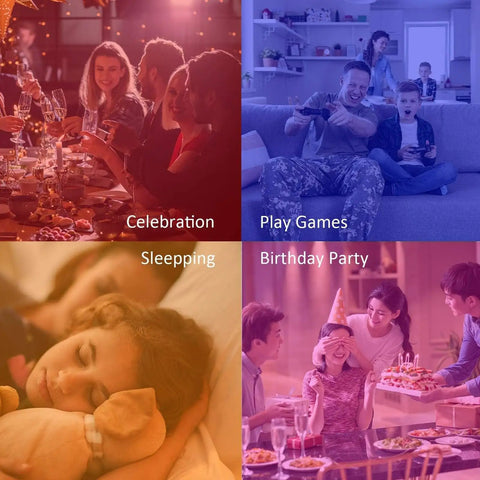 LED Candelabra Light Bulbs Set Of 6 enhancing various scenes: celebration table, gaming, sleeping child, birthday party.