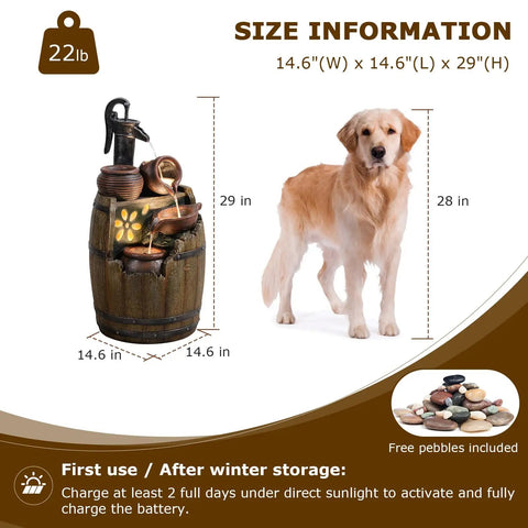 Size comparison of Solar Powered Rustic Barrel Water Fountain With LED Lights, 29 Inch Tall 4 Tier Cascading Outdoor Waterfall next to dog