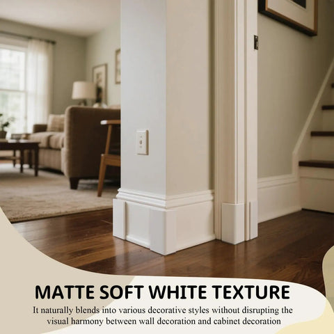 Baseboard Corner Blocks Self Adhesive Rubber Safety Protectors for Walls and Furniture Edge Guard Cushions White installed in living room