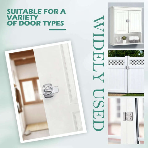 Rotary Bolt Latch Lock With Six Screws for cabinets, windows, and bathrooms, showing silver finish and installation examples on various doors.