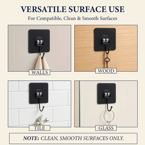 Black Self Adhesive Wall Hooks 10 Pack Heavy Duty Peel And Stick Mounting Brackets for walls, wood, tile, and glass surfaces.