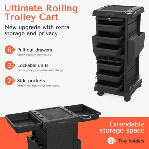Pro Salon Trolley Cart With Lockable Trays And Holders, Space Saving Mobile Storage For Hair Salons, 6 Pull Out Trays, Black