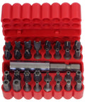 Rock Solid 33 Piece Security Tamper Proof Magnetic Screwdriver Bit Set With Quick Release Bit Holder showing 33 bits in a durable red case.