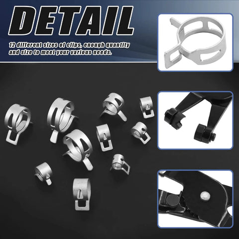 Assorted metal hose clamps and pliers from 121Pcs 12 Sizes 7mm To 22mm Spring Band Hose Clamps Kit With Vacuum Fuel Silicone Pipe Clips Low Pressure Air Clip Fasteners DIY Gear Kit Includes Swivel Flat Band Hose Clamp Pliers