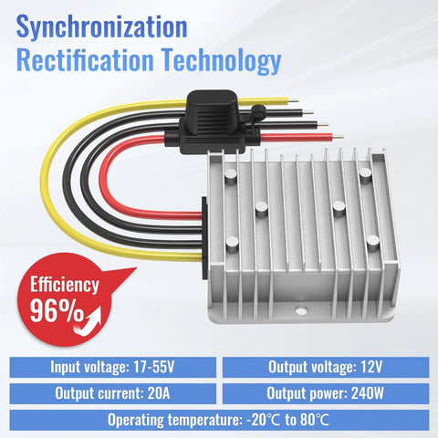 Top Shelf Heavy Duty Dc To Dc Converter 17 55V To 12V Step Down Voltage Reducer with aluminum housing and wires.