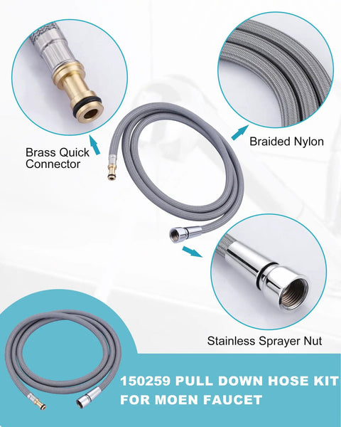 Heavy Duty Replacement Hose Kit Compatible With Moen Pull Down Kitchen Faucet Part 150259 with brass quick connector and braided nylon.