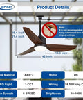Walnut 42 Inch Outdoor Ceiling Fan With Lights Waterproof Remote App Control showing blade dimensions and installation note.