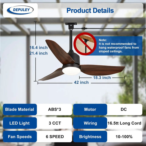 Walnut 42 Inch Outdoor Ceiling Fan With Lights Waterproof Remote App Control showing blade dimensions and installation note.