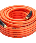 Heavy Duty 1/2 Inch By 100 Foot Air Compressor Hose With Solid Brass Fittings Kink Free Pneumatic Tubing coiled with black rubber ends.