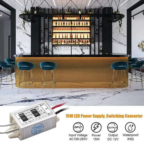 15W LED Power Supply Driver on bar counter, IP65 waterproof, 12V DC constant voltage for LED lighting, focus keyword not visible