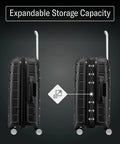 Samsonite hard shell carry-on luggage showcasing expandable feature with two black suitcases side-by-side, highlighting storage capacity.