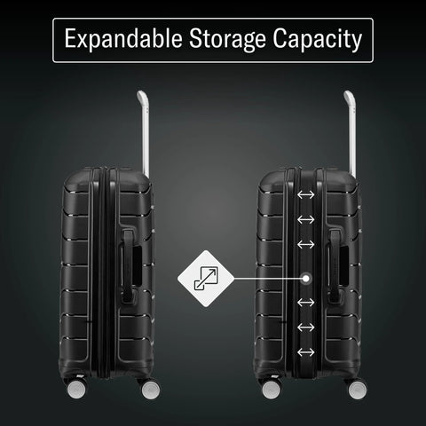 Samsonite hard shell carry-on luggage showcasing expandable feature with two black suitcases side-by-side, highlighting storage capacity.