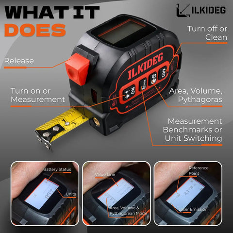 4-In-1 Digital Laser Tape Measure Multitool Pen With 196ft Laser Range And 16ft Tape Crosshair Line Laser Level Area Volume Pythagorean Calculator Handy Woodworking D I Y E D C Tool For Pros And Home Projects, black and red digital tape measure