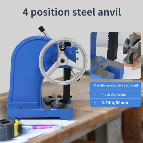 1 Ton Arbor Press With Ratchet Leverage And Handwheel 5.5 Inch Max Height Desktop Punch Press on table with steel anvil