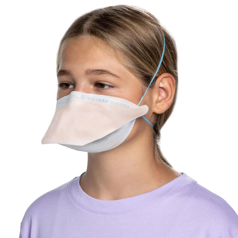 Individual wearing FluidShield N95 Respirator Mask With ASTM Level 3 Protection Small Orange Face Cover Comfort Fit