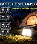 Crazy Bright USB C Rechargeable Camping Lantern With 1500 Lumens 5 Modes outside a tent showing battery display
