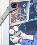 HVAC Service Wrench Set for Refrigeration and Air Conditioning used in maintenance work, shown with technician and gauges