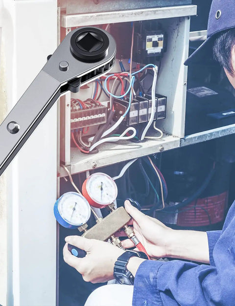 HVAC Service Wrench Set for Refrigeration and Air Conditioning used in maintenance work, shown with technician and gauges