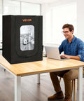 Black Dustproof Waterproof 3D Printer Enclosure With Oxford Cloth Tent on office table, LED lighting visible through window.