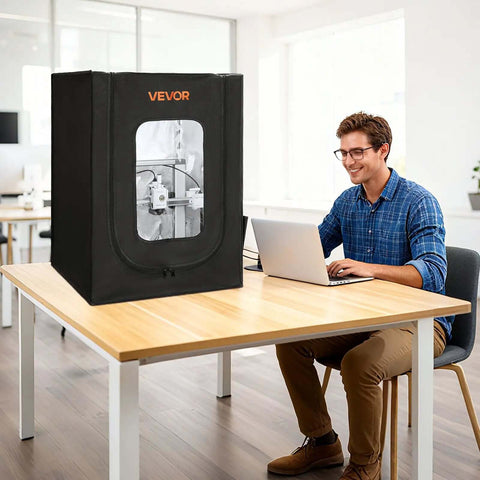 Black Dustproof Waterproof 3D Printer Enclosure With Oxford Cloth Tent on office table, LED lighting visible through window.