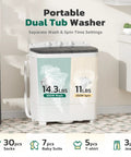 No Sweat Portable Twin Tub Washer And Spinner Combo with dual tubs showing 14.3 lbs wash and 11 lbs spin capacity.