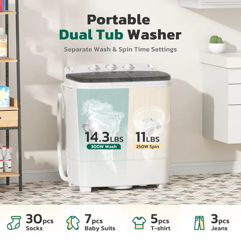 No Sweat Portable Twin Tub Washer And Spinner Combo with dual tubs showing 14.3 lbs wash and 11 lbs spin capacity.