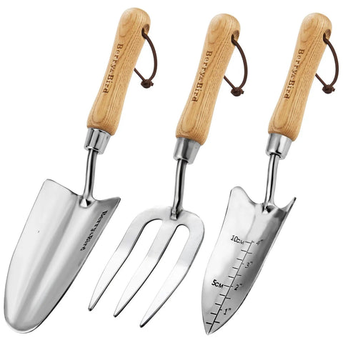 Three Piece Garden Tool Set With Wooden Handles Stainless Steel Trowel Weeding Fork And Digging Shovel For Planting Aeration Transplanting