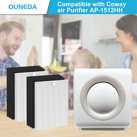 Two Pack HEPA Replacement Filters With Odor Pre-Filters For AP 1512HH Air Purifier shown next to AP-1512HH unit in a home setting