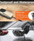 Portable 26ft EV Charger Cable With NEMA 14-50 And 5-15 Plugs, 7.68 kW 32A Adjustable Current Level One Half Electric Vehicle Charger For SAE J1772 Vehicles And Plug-In Hybrids Great For Home Or On The Go Charging, shown in use outdoors with dustproof and waterproof features.