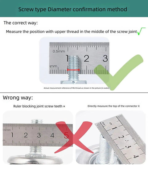 Screw type diameter confirmation method for M6x15mm thread with correct and incorrect measuring techniques.