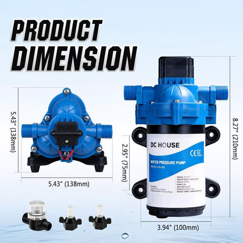 Dimensions of Quiet 12V RV Water Diaphragm Pump Replacement For Camper Marine Boat Travel Trailer And Off Grid Use On Demand Self Priming