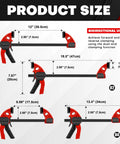 Dimensions and features of 10-Piece Bar Clamp Set With 12-Inch And 6-Inch Dual-Size Quick Release Ratcheting Wood Clamps