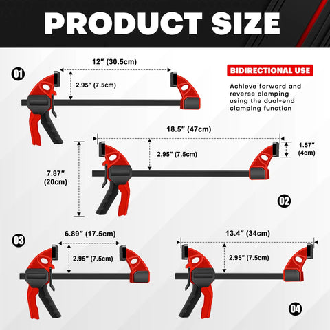 Dimensions and features of 10-Piece Bar Clamp Set With 12-Inch And 6-Inch Dual-Size Quick Release Ratcheting Wood Clamps