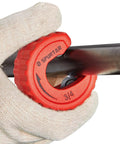 Pro Grade Four Piece Copper Pipe Cutter Set With Deburring Tool For One Half Inch Three Quarters Inch And One Inch Tubing Auto Tightening Cutting Wheels For Fast Clean Cuts No Fuss Deburring, 3/4 inch cutter in use
